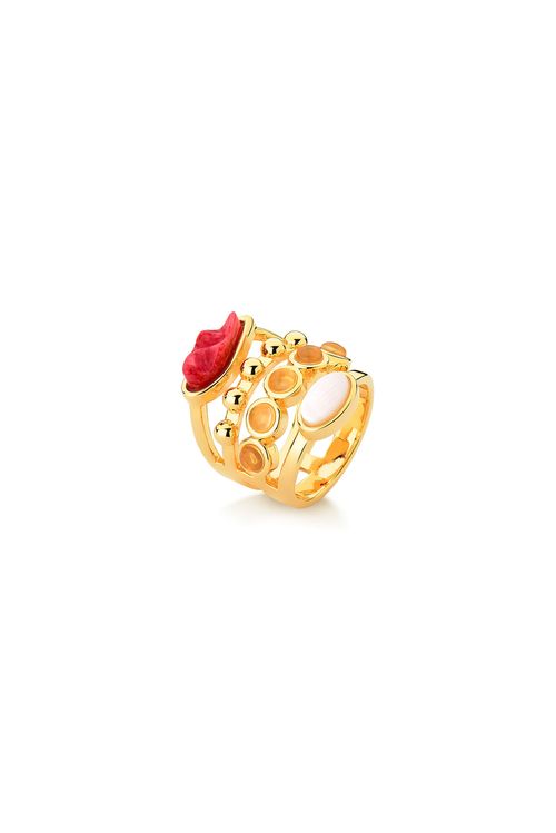 Anel Capri - Cristal Leitoso, Feldspato Vermelho e Madrepérola - Coleção Ícones Banho: Folheado a Ouro