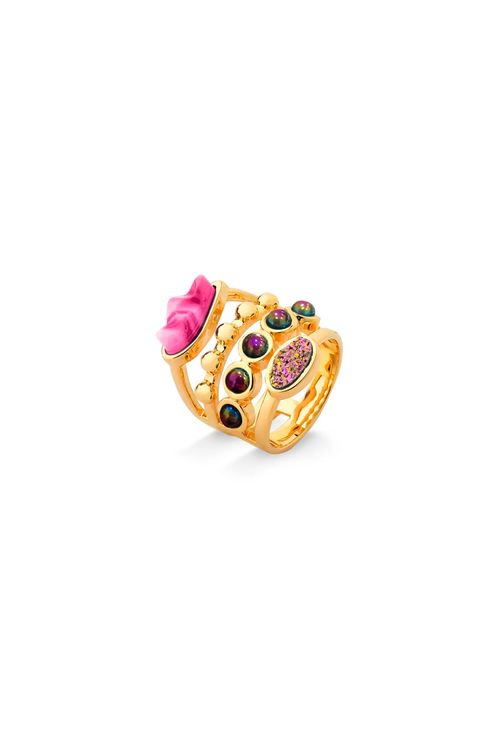 Anel Capri - Ágata Pink, Cristal Multicolorido e Drusa Multicolorida - Coleção Ícone Banho: Folheado a Ouro