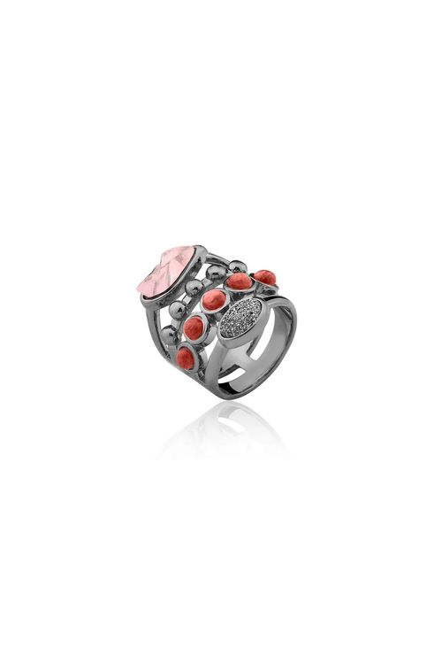 Anel Capri - Amazonita Vermelha, Quartzo Rosa e Drusa Metalizada - Coleção Ícone Banho: Ródio Negro