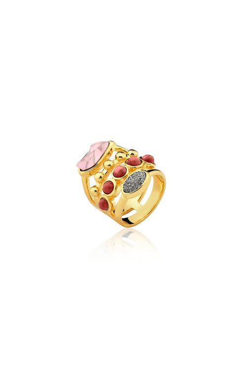 Anel Capri - Amazonita Vermelha, Quartzo Rosa e Drusa Metalizada - Coleção Ícone Banho: Folheado a Ouro