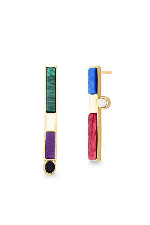 Brinco Planck - Feldspato Roxo e Vermelho, Malaquita, Obsidiana Preta, Quartzo Azul e Porcelana - Coleção Inéditos Março Banho: Folheado a Ouro