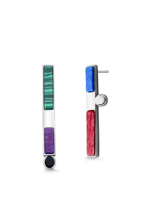 Brinco Planck - Feldspato Roxo e Vermelho, Malaquita, Obsidiana Preta, Quartzo Azul e Porcelana - Coleção Inéditos Março Banho: Ródio Negro