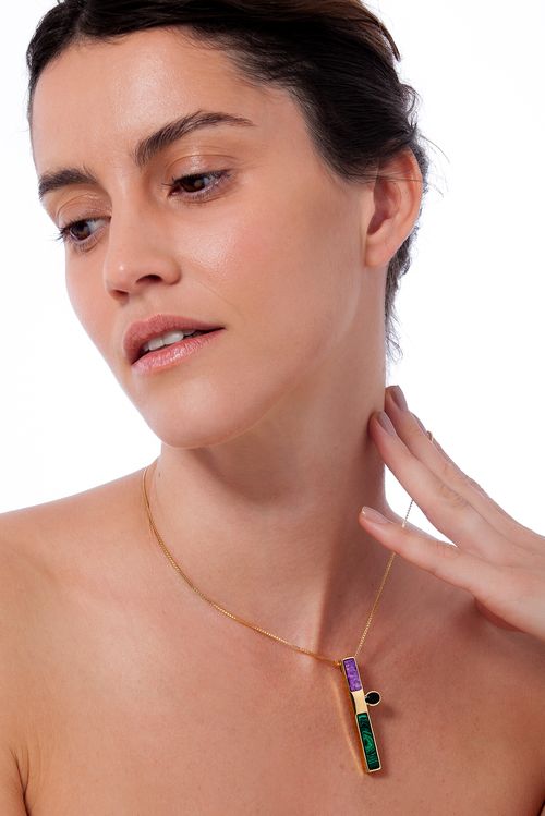 Colar Planck - Feldspato Roxo, Malaquita e Obsidiana Preta - Coleção Inéditos Março Banho: Folheado a Ouro