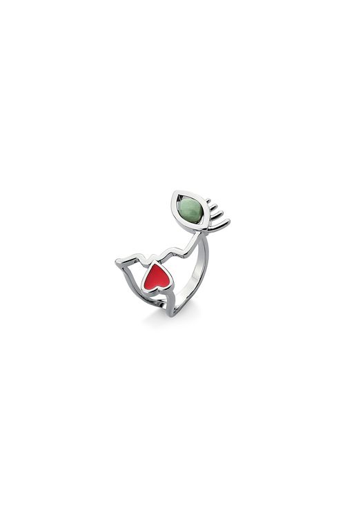 Anel Amor Lúdico - Esmalte Vermelho e Quartzo Verde - Coleção Tá Na Cara Que Esse Amor É Surreal Banho: Ródio Negro