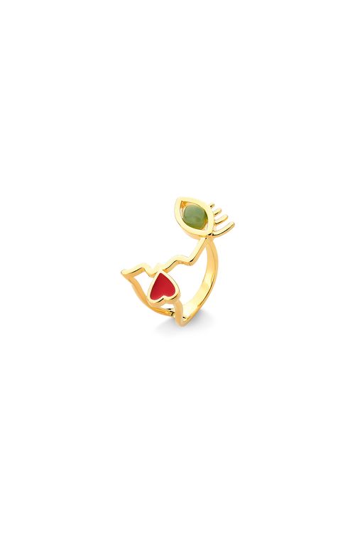 Anel Amor Lúdico - Esmalte Vermelho e Quartzo Verde - Coleção Tá Na Cara Que Esse Amor É Surreal Banho: Folheado a Ouro