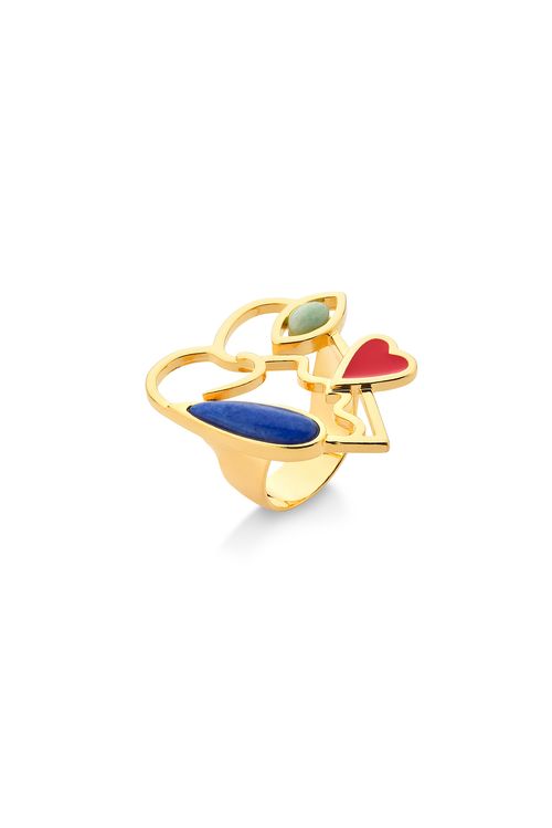 Anel Perfil do Amor - Esmalte Vermelho, Quartzo Azul Anil e Verde - Coleção Tá Na Cara Que Esse Amor É Surreal Banho: Folheado a Ouro