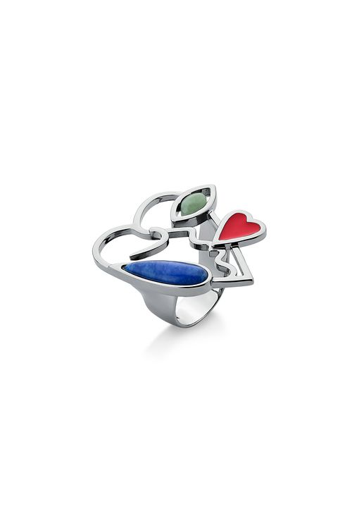 Anel Perfil do Amor - Esmalte Vermelho, Quartzo Azul Anil e Verde - Coleção Tá Na Cara Que Esse Amor É Surreal Banho: Ródio Negro