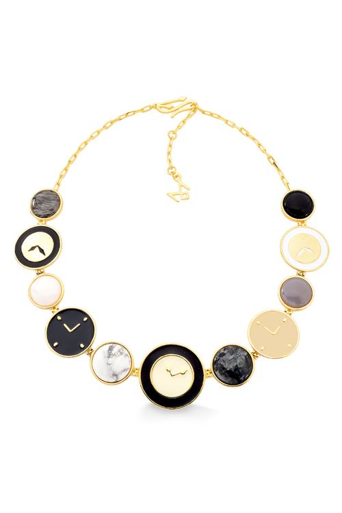 Colar Perpétuo - Ágata Cinza, Dolomita, Cristal Grafitado e Esmalte Preto, Cinza e Areia - Coleção Tempoesia Banho: Folheado a Ouro