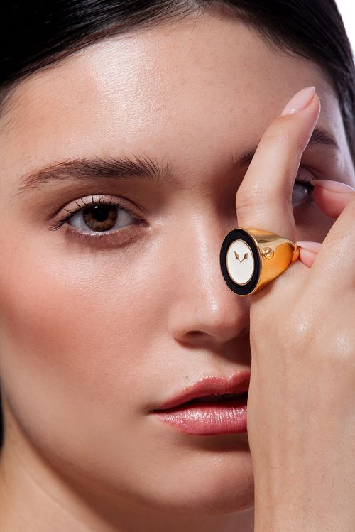Anel Perpétuo - Esmalte Preto e Cinza Claro - Coleção Tempoesia Banho: Folheado a Ouro