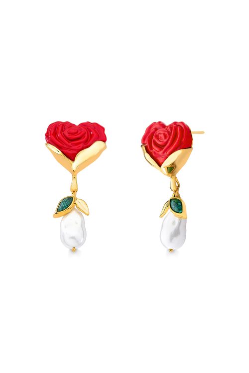 Brinco Florescer - Malaquita, Pérola e Resina Vermelha - Coleção Flor e Ser Amor Banho: Folheado a Ouro