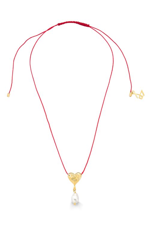 Colar Flor Amor - Cordão Vermelho e Pérola - Coleção Flor e Ser Amor Banho: Folheado a Ouro