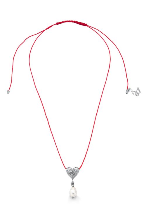Colar Flor Amor - Cordão Vermelho e Pérola - Coleção Flor e Ser Amor Banho: Ródio Negro
