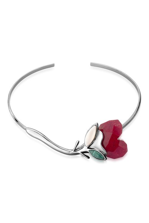 Colar Choker Romance - Feldspato Vermelho, Malaquita e Madrepérola - Coleção Flor e Ser Amor Banho: Ródio Negro