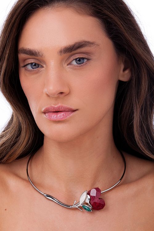 Colar Choker Romance - Feldspato Vermelho, Malaquita e Madrepérola - Coleção Flor e Ser Amor Banho: Ródio Negro