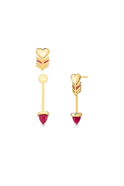 Brinco Arrow Heart - Feldspato Vermelho e Esmalte Vermelho - Coleção Flor e Ser Amor Banho: Folheado a Ouro