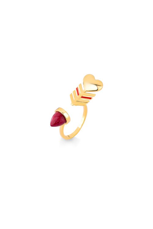 Anel Arrow Heart - Feldspato Vermelho e Esmalte Vermelho - Coleção Flor e Ser Amor Banho: Folheado a Ouro