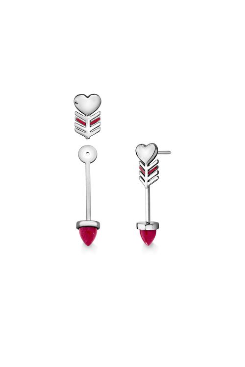 Brinco Arrow Heart - Feldspato Vermelho e Esmalte Vermelho - Coleção Flor e Ser Amor Banho: Ródio Negro
