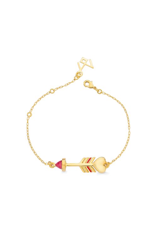 Pulseira Arrow Heart - Feldspato Vermelho e Esmalte Vermelho - Coleção Flor e Ser Amor Banho: Folheado a Ouro