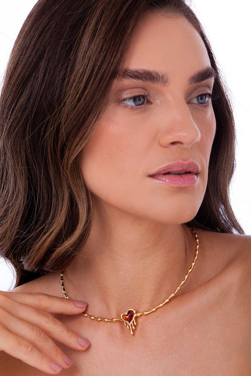 Colar Choker Fervor- Resina Caramelo - Coleção Flor e Ser Amor Banho: Folheado a Ouro