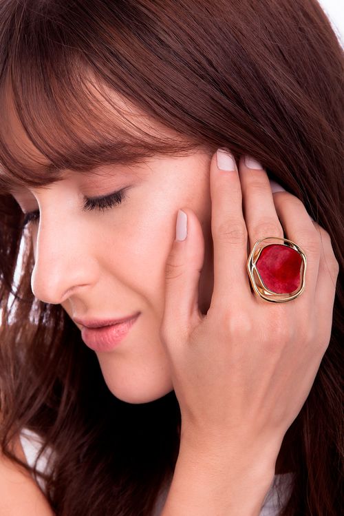 Anel Soleil - Feldspato Vermelho - Coleção Acquarella Banho: Folheado a Ouro