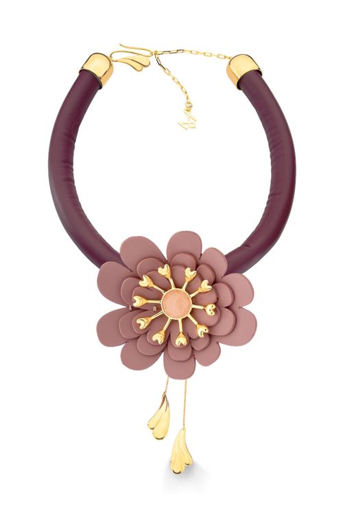 Colar Aflora - Couro Rosa, Couro Rubi e Quartzo Rosa - Coleção Flor e Ser Amor Banho: Folheado a Ouro