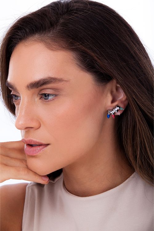 Brinco Sensibilidade - Cristal, Feldspato Vermelho, Quartzo Azul Anil e Verde - Coleção Alma Banho: Ródio Negro