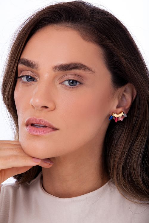 Brinco Sensibilidade - Cristal, Feldspato Vermelho, Quartzo Azul Anil e Verde - Coleção Alma Banho: Folheado a Ouro