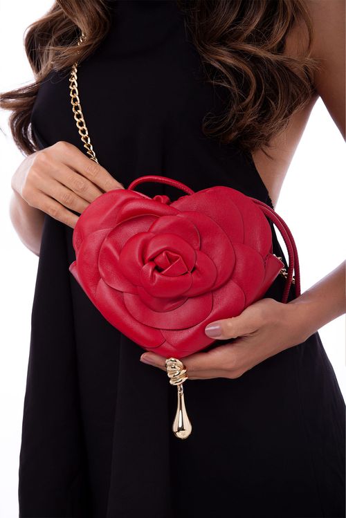 Bolsa Florescer - Couro Vermelho - Coleção Flor e Ser Amor Banho: Folheado a Ouro