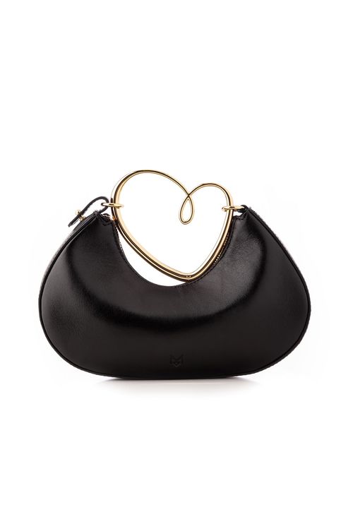 Bolsa Ágape - Couro Preto - Coleção Flor e Ser Amor Banho: Folheado a Ouro
