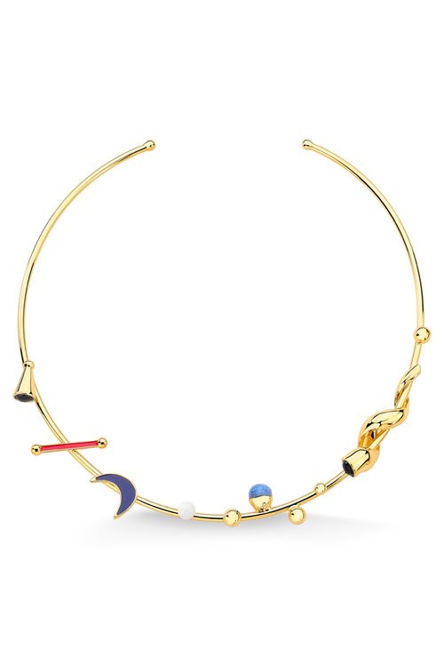 Colar Choker El Carnaval - Obsidiana Preta, Porcelana Branca, Quartzo Azul Anil e Esmalte Vermelho - Coleção Fusion Banho: Folheado a Ouro