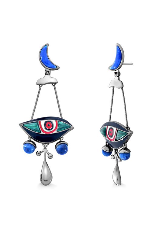 Brinco Los Ojos M - Malaquita, Quartzo Azul Anil e Esmalte Preto e Vermelho - Coleção Fusion Banho: Ródio Negro