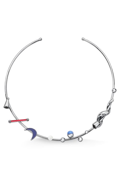 Colar Choker El Carnaval - Obsidiana Preta, Porcelana Branca, Quartzo Azul Anil e Esmalte Vermelho - Coleção Fusion Banho: Ródio Negro