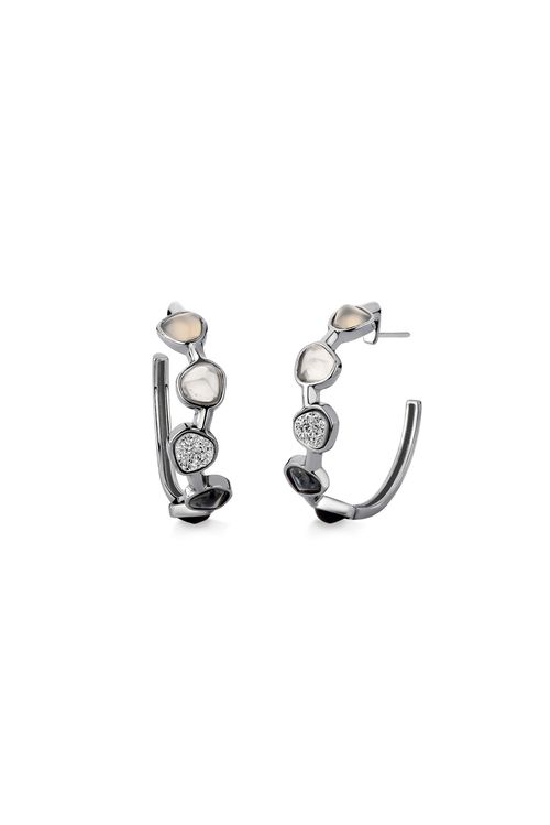 Brinco Argola Encanto M - Ágata Cinza, Cristal, Labradorita e Drusa Metalizada - Coleção Alma Banho: Ródio Negro