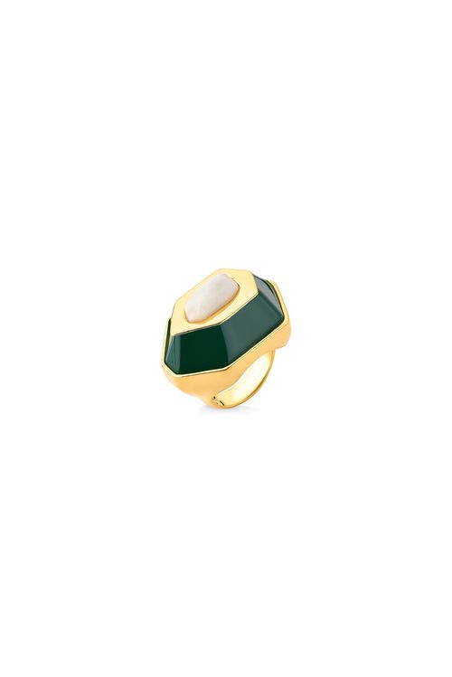 Anel Essência - Feldspato Natural, Madeira e Esmalte Verde - Coleção Existe em Mim Banho: Folheado a Ouro
