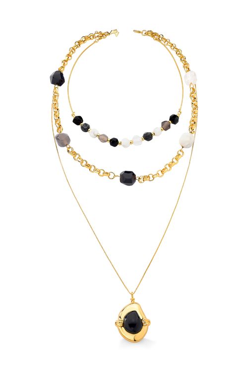 Colar Afago M - Ágata Cinza, Cristal, Haulita, Labradorita e Obsidiana Preta - Coleção O Abraço Banho: Folheado a Ouro