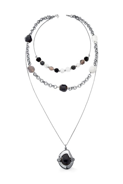 Colar Afago M - Ágata Cinza, Cristal, Haulita, Labradorita e Obsidiana Preta - Coleção O Abraço Banho: Ródio Negro