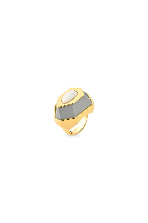 Anel Essência - Haulita, Madeira e Esmalte Cinza - Coleção Existe em Mim Banho: Folheado a Ouro