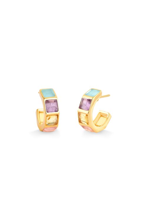 Brinco Argola Stone C - Ágata Azul, Ametista, Citrino e Quartzo Rosa - Coleção Ícones Banho: Folheado a Ouro