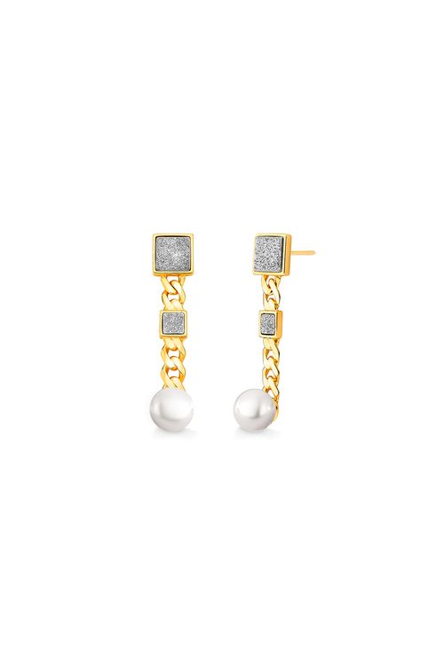 Brinco Blanc Elegance M - Pérola e Drusa Metalizada - Coleção Blanc Banho: Folheado a Ouro