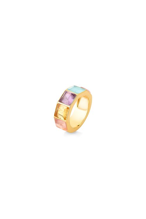 Anel Stone D - Ágata Azul, Ametista, Citrino e Quartzo Rosa - Coleção Krypton Banho: Folheado a Ouro