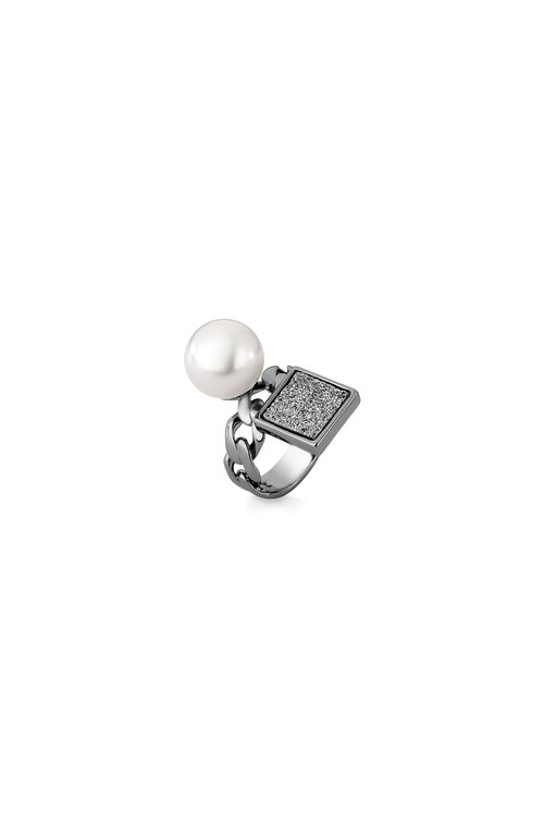 Anel Blanc Chain P - Pérola e Drusa Metalizada - Coleção Blanc Banho: Ródio Negro