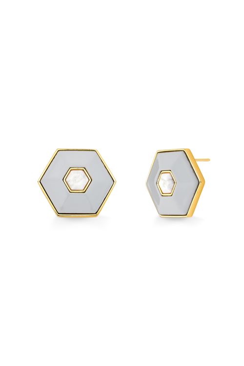Brinco Olímpia M - Haulita e Madeira e Esmalte Cinza - Coleção Maria Dolores + Maria Valentina Banho: Folheado a Ouro