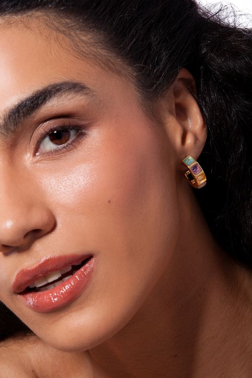 Brinco Argola Stone C - Ágata Azul, Ametista, Citrino e Quartzo Rosa - Coleção Ícones Banho: Folheado a Ouro