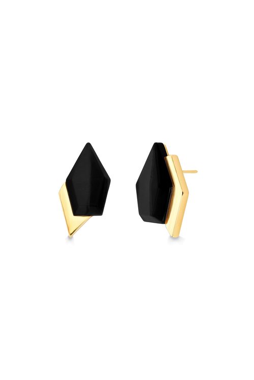 Brinco Enigma - Obsidiana Preta - Coleção Enigma Banho: Folheado a Ouro