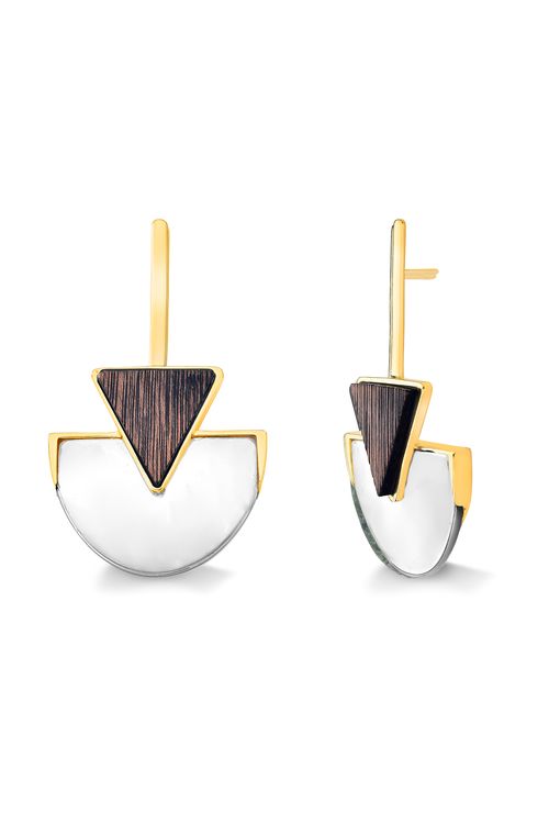 Brinco Line Triangle - Ágata Cinza Metalizada e Madeira - Coleção Geometric Banho: Folheado a Ouro