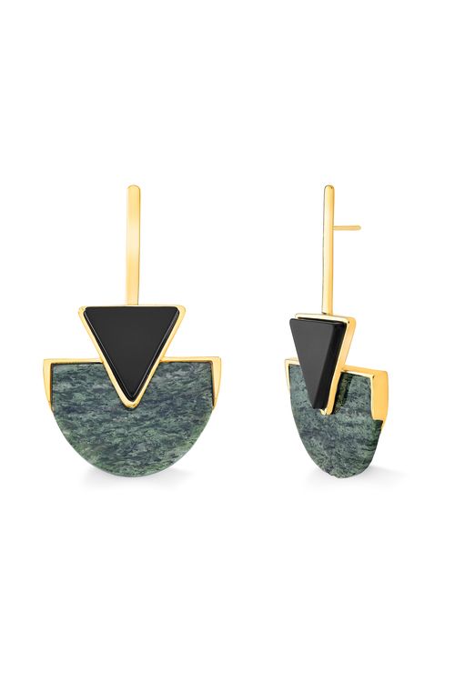 Brinco Line Triangle - Jaspe Verde e Obsidiana Preta - Coleção Geometric Banho: Folheado a Ouro