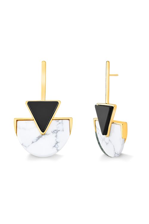 Brinco Line Triangle - Haulita e Obsidiana Preta - Coleção Geometric Banho: Folheado a Ouro