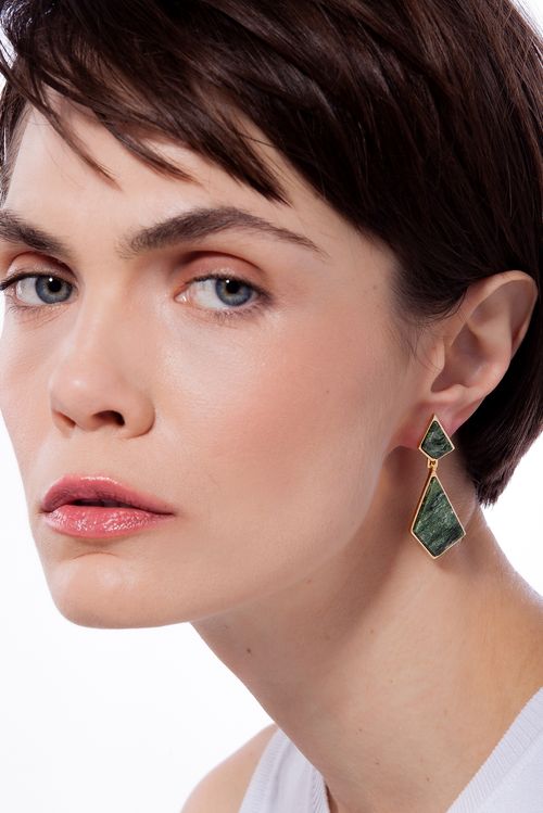 Brinco Pieces P - Jaspe Verde - Coleção Geometric Banho: Folheado a Ouro