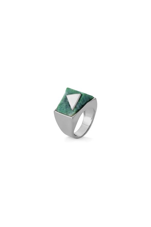 Anel Two Pieces P - Jaspe Verde - Coleção Geometric Banho: Ródio Negro