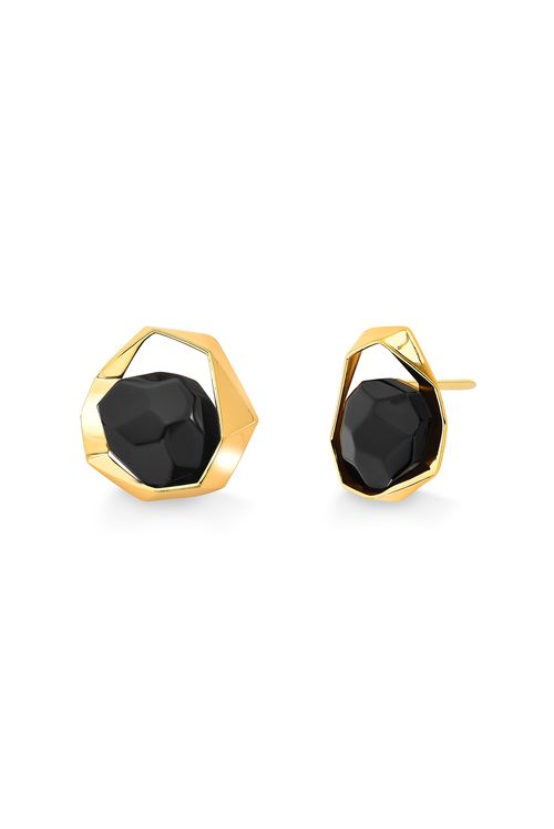 Brinco Ikigai - Obsidiana Preta - Coleção Ecoa Banho: Folheado a Ouro